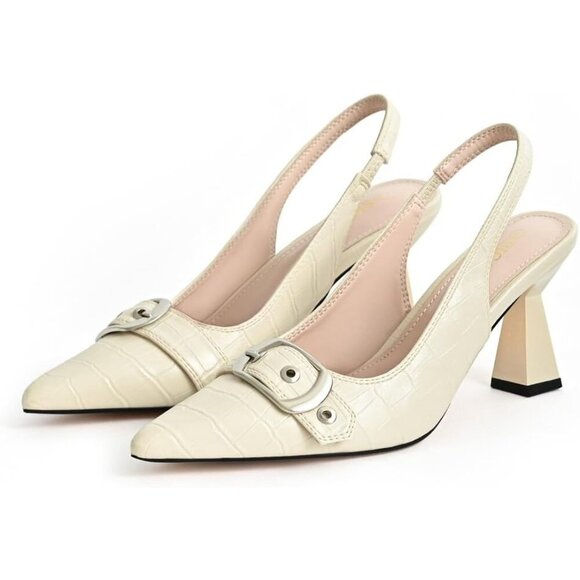 🆕 White Slingback Kitten Heels Women’s Pointed Toe Buckle Strap Dress Pumps - Picture 3 of 13